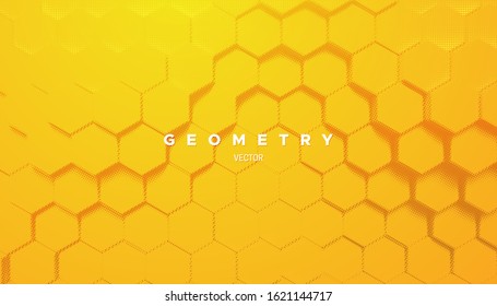 Abstract yellow geometric background. Vector minimal illustration. Bright gradient hex shapes textured with halftone pattern. Creative cover design. Architectural poster concept