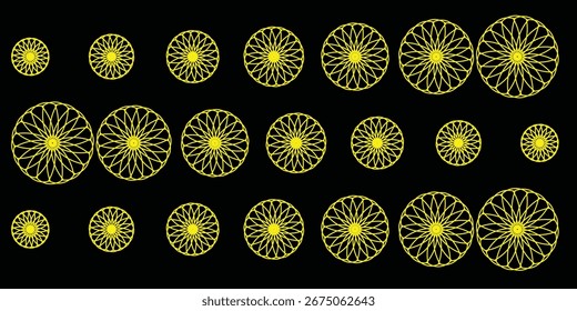 Abstract yellow geometric circle pattern on black background, modern decorative design suitable for digital art and wallpaper.