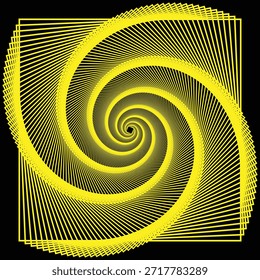 Padrão espiral de vórtice geométrico amarelo abstrato, Ilusão óptica de túnel quadrado no fundo preto. Efeito Espiral Giratório da Arte de Linha Hipnótica e Sentido de Movimento. Plano de Fundo de Linhas Minimalista.