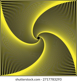 Padrão espiral de vórtice geométrico amarelo abstrato, Ilusão óptica de túnel quadrado no fundo preto. Efeito Espiral Giratório da Arte de Linha Hipnótica e Sentido de Movimento. Plano de fundo minimalista.