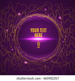 Abstract yellow glared wave lines on purple background. Banner template