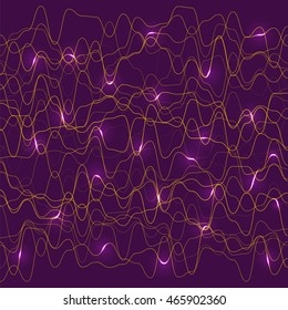 Abstract yellow glared wave lines on purple background