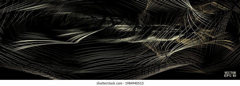 Abstract Yellow And Golden Striped Pattern. Discontinuous Lines Isolated On Black Background. Industrial Digital Spider Web. Vector. 3D Illustration
