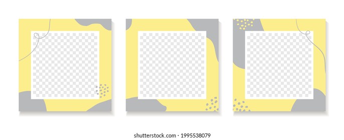 Abstract yellow gray organic backgrounds for social media posts. Set of vector trendy minimal square templates with place for photo