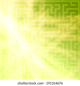 Abstract yellow and green background with maze, rays and light