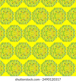 Abstract yellow green Batik Ethnic Ikat  seamless pattern pastel tone. Abstract traditional folk antique graphic fabric rangoli. Texture textile background vector illustration. used for print Design.