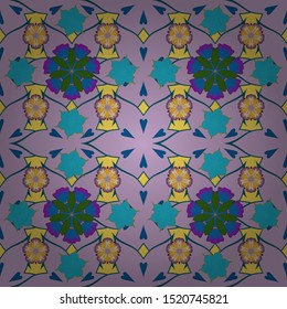 Abstract yellow, green and blue geometric ornament. Can be used for digital paper, textile print, page fill or wrapping. Vector seamless pattern in Christmas traditional colors.