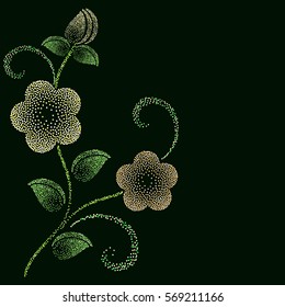 Abstract yellow and green dotted pattern flower card with black copy space vector illustration.