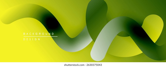 Abstract yellow, green shapes overlap. Smooth gradients create flowing design. Minimalist background with text elements present.