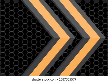 Abstract yellow grey arrow direction on dark hexagon mesh pattern design modern futuristic technology background vector illustration.