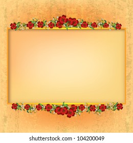 abstract yellow grunge background with red floral ornament