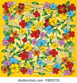 abstract yellow grunge background with spring flowers