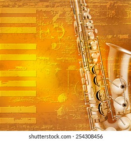 abstract yellow grunge piano background with saxophone