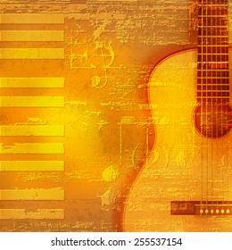 abstract yellow grunge piano background with acoustic guitar