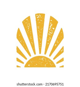 Resumen del sol medio amarillo con vigas brillantes estética de arte bohemia curvada arco marco grunge ilustración vectorial. Logotipo mínimo dibujado a mano puesta de sol, amanecer, puesta de sol, mañana, tarde