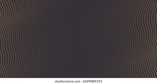 Abstract yellow halftone with dark background with waves for banner. Wave of particles on dark background. Technology backdrop. Pattern for presentations. Illustration background with lines. Wavy Stri