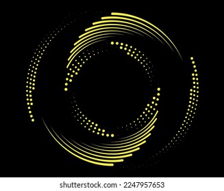 Abstract yellow halftone dots and lines in circle form. Geometric art. Trendy design element for dotted frame, technology logo, tattoo, sign, symbol, web, prints, template, pattern