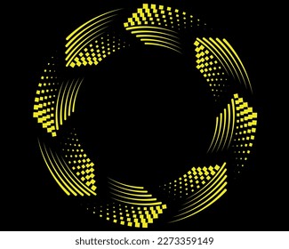 Abstract yellow halftone dots and lines in circle form. Geometric art. Trendy design element for dotted frame, technology logo, tattoo, sign, symbol, web, prints, template, pattern