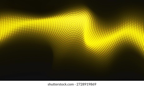 Abstract yellow halftone wave with luminous dot pattern on dark background. Dynamic modern backdrop for business, technology, marketing, presentations and creative projects.