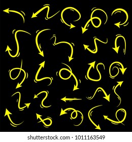 abstract yellow hand drawn arrows set on black background