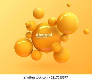 Abstract yellow image of flying spheres. Set of realistic, 3d balls and bubble, vector illustration. Futuristic  background for your design.