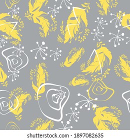 Abstract yellow leaves and white shapes on grey background endless wallpaper.Floral seamless pattern.Botanical background.Trendy fabric design,wrapping paper.Vector illustration.