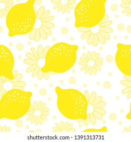 abstract yellow lemons tossed repeating pattern on a chamomile flowers background