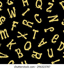 Abstract yellow letters on a black background. Fashionable seamless background with funny letter signs. Effect gold. Vector illustration of seamless pattern with letters. Abstract alphabet.