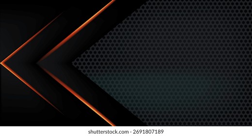 Flecha de luz amarilla Abstractas en negro con diseño de malla hexagonal Ilustración vectorial de fondo de tecnología futurista de lujo moderna.