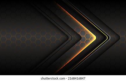 Resumen amarillo claro negro claro dirección de flecha delgada geométrica en el diseño de patrones de malla hexágono plata diseño de tecnología futurista de lujo moderno ilustración vectorial de fondo.
