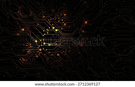 Abstract yellow light circuit board technology connected lines electronics elements computer motherboard chip processor semiconductor digital on black background vector