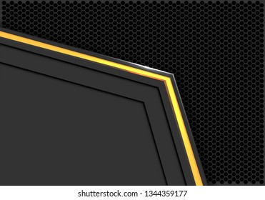 Abstract yellow light neon arrow on grey blank space with dark hexagon mesh design modern futuristic background vector illustration.