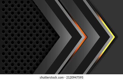 Abstract yellow light neon grey metallic arrow direction geometric with circle mesh technology futuristic design modern background vector illustration.