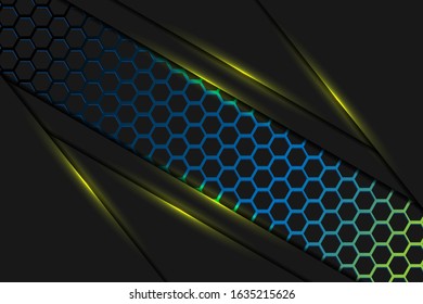 Abstract yellow light overlap on dark with colourful blue yellow hexagon mesh design modern luxury futuristic technology background vector illustration.