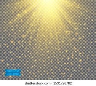 Abstract yellow light of the sun, flare stars. Soft, transparent glow of the rays of the falling gold dust. Vector design element on isolated background.