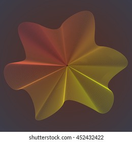 Abstract yellow lines passing in the red in the form of polygonal stars. Many thin lines iridescent color with passing on a dark background for postcards and banners