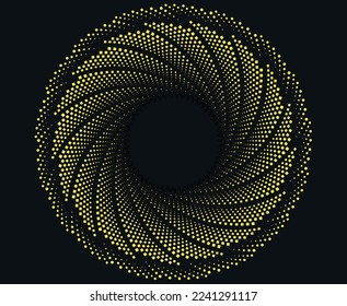 Abstract yellow lines in spiral form. Geometric art. Design element. Digital image with a psychedelic stripes.Halftone dots in vortex form 