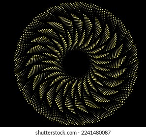 Abstrakte gelbe Linien in Spiralform. Geometrische Kunst. Design-Element. Digitales Bild mit psychedelischen Streifen.Halftone Punkte in Wirbelform