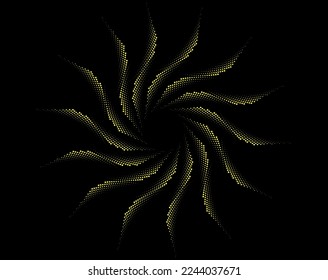 Resumen de líneas amarillas en forma de espiral. Arte geométrico. Elemento de diseño. Imagen digital con rayas psicodélicas.Los puntos de semitono en forma de vórtice