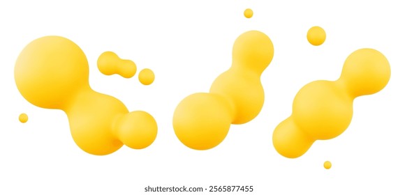 Abstract yellow metaballs set isolated on white background. Vector realistic illustration of round 3D liquid blobs, color fluid bubbles, organic substance molecule, cell cluster, geometric element