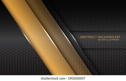 Resumen de barra de sombra de línea metálica amarilla sobre malla hexagonal gris oscuro con diseño de texto ilustración vectorial de fondo futurista moderna.