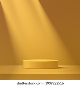 Abstract yellow mustard cylinder pedestal podium, Yellow empty room, Shadow of window. Vector rendering 3d shape, Product display presentation. Studio room concept, Minimal wall scene.