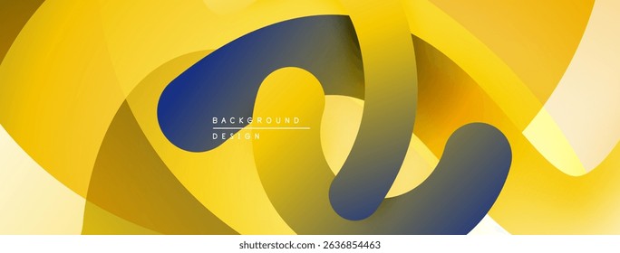 Abstract yellow, navy design. Overlapping ribbons create dynamic visual flow. Modern, minimalist aesthetic. Soft gradients present depth.