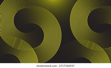 Fondo Abstractas amarillo neón circular del arte de la línea en la superficie oscura. Modelo amarillo futurista moderno del anillo de la onda con efecto del resplandor. Líneas de movimiento circular Abstractas mínimo con degradado amarillo neón.