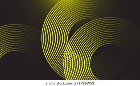 Fondo Abstractas amarillo neón circular del arte de la línea en la superficie oscura. Modelo amarillo futurista moderno del anillo de la onda con efecto del resplandor. Líneas de movimiento circular Abstractas mínimo con degradado amarillo neón.