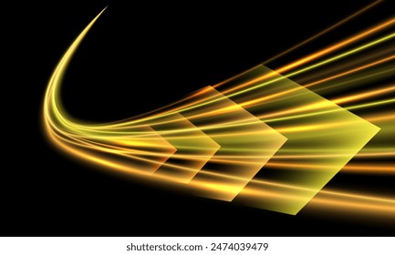 Abstractas amarillo naranja flechas de alta velocidad efecto de luz tecnología de movimiento dinámico futurista en diseño negro para Anuncio poster de fondo concepto de Ilustración vectorial.