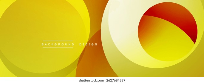 Camadas amarelas e laranjas abstratas criam um design moderno. Círculos sobrepostos sugerem movimento, profundidade. O texto lê o design do plano de fundo.