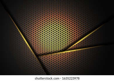 Abstract yellow orange light triangle on black with hexagon mesh design modern luxury futuristic technology background vector illustration.