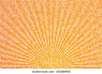 Abstract yellow orange radial background in square mosaic grid. Bright summer vector illustration
