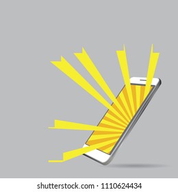 Abstract Yellow Orange rays on smartphone mobile touch screen display. Triangle polygonal geometric design connected dots colorful geometric. Modern futuristic banner template design. Vector.